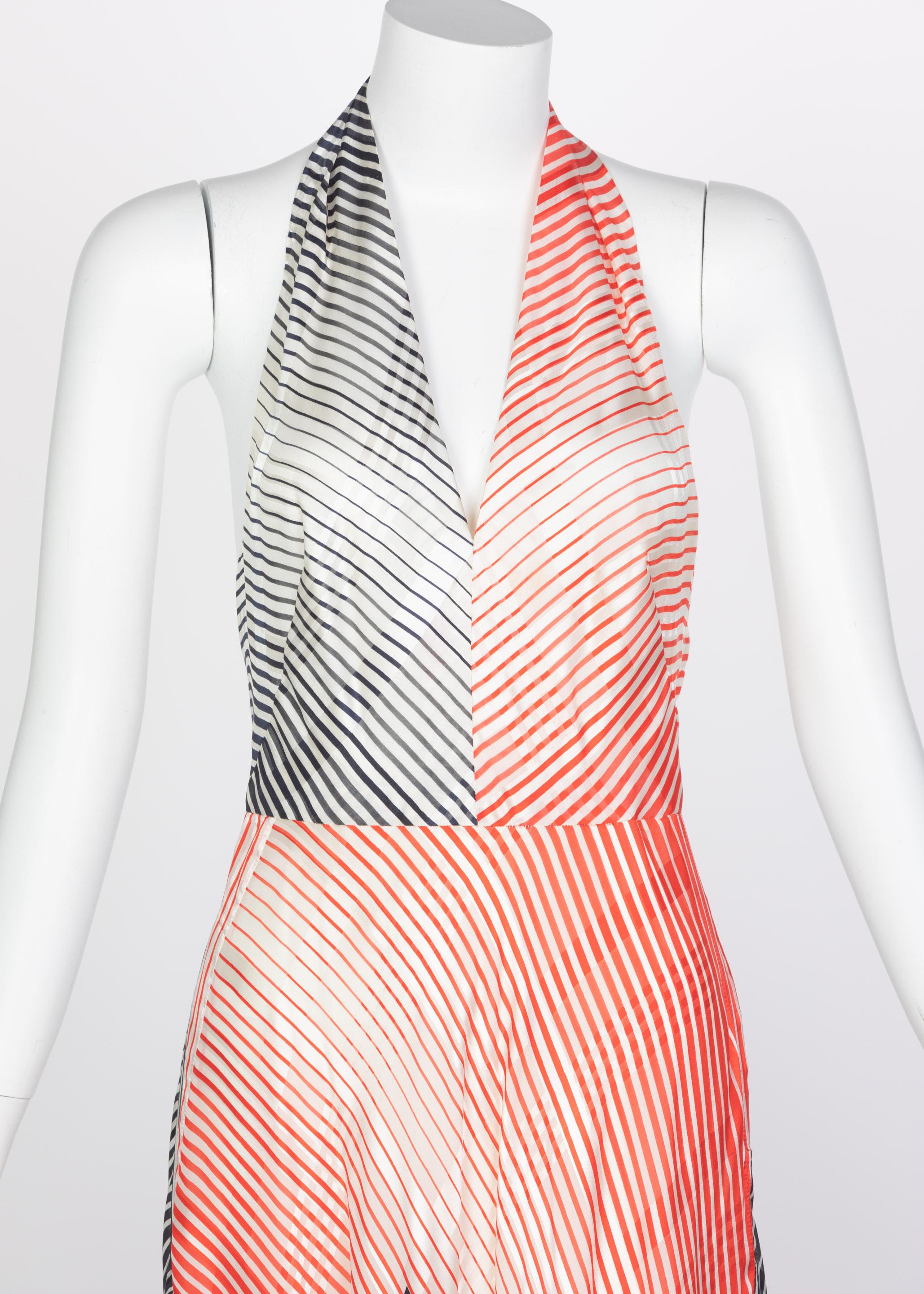 Vintage Red Navy Creme Striped Silk Halter Gown Feather Shawl, 1970s For Sale 3