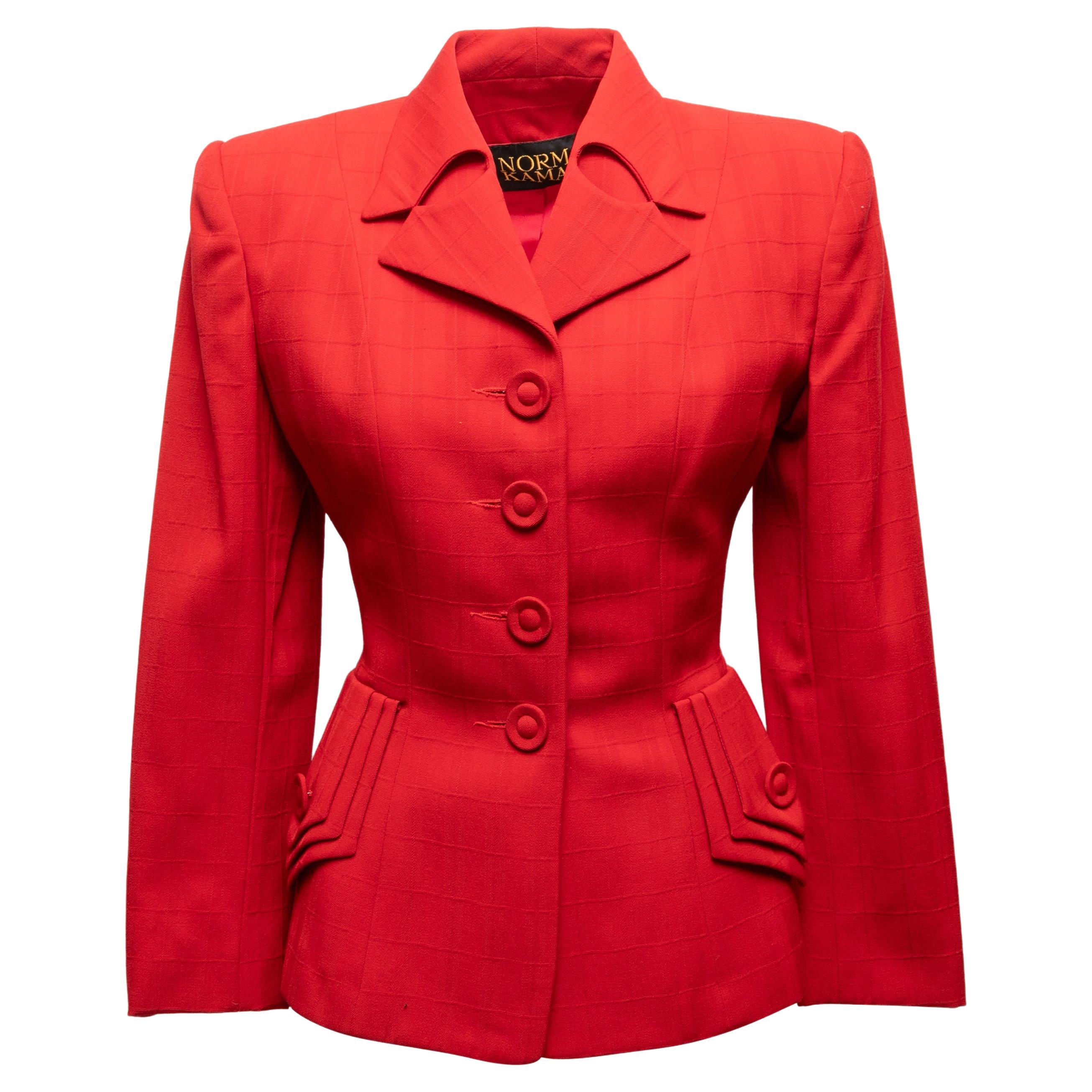Vintage Red Norma Kamali 1980s Silk Blazer Size US XS For Sale
