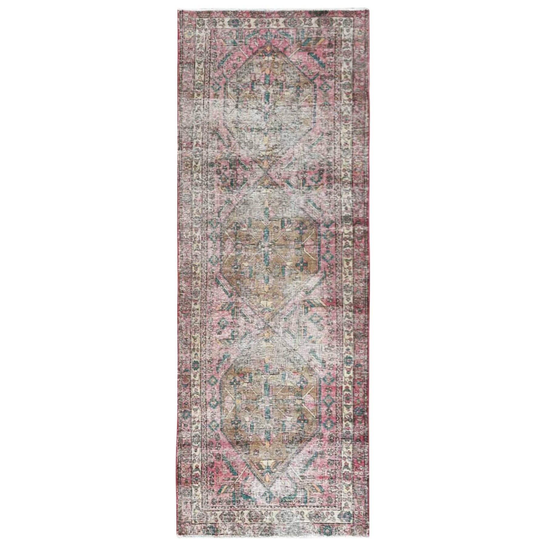 Handgeknüpfter Vintage-Läufer aus Wolle, rot, Nordwest Persisch, getragen, Daunen, 3'10"x10'3"
