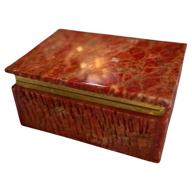 Red Alabaster Red Alabaster and Brass Jewelry Box - Mineral Stone Box - Italy 1970s ...