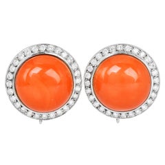 Vintage Red Orange Coral diamond 18K Gold Clip Earrings