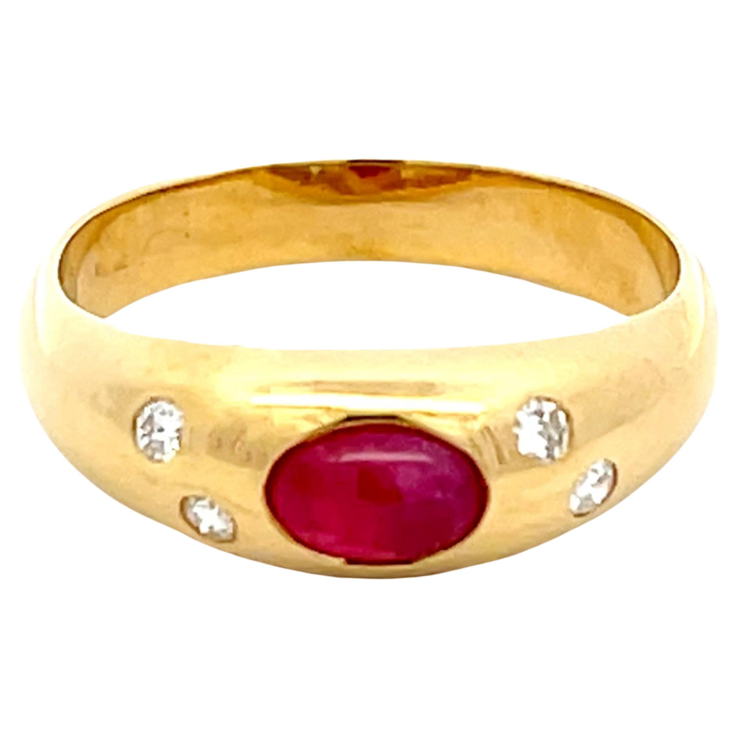 Vintage Red Oval Ruby and Four Diamond Ring in 18k Yellow Gold