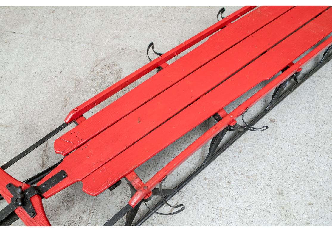 Vintage Red Paint Decorated Extra Long Sled Attributed To Flexible Flyer For Sale 1