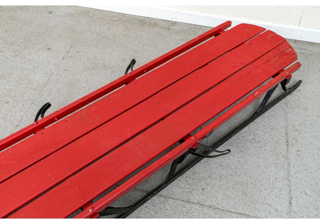 Vintage Red Paint Decorated Extra Long Sled Attributed To Flexible Flyer For Sale 2