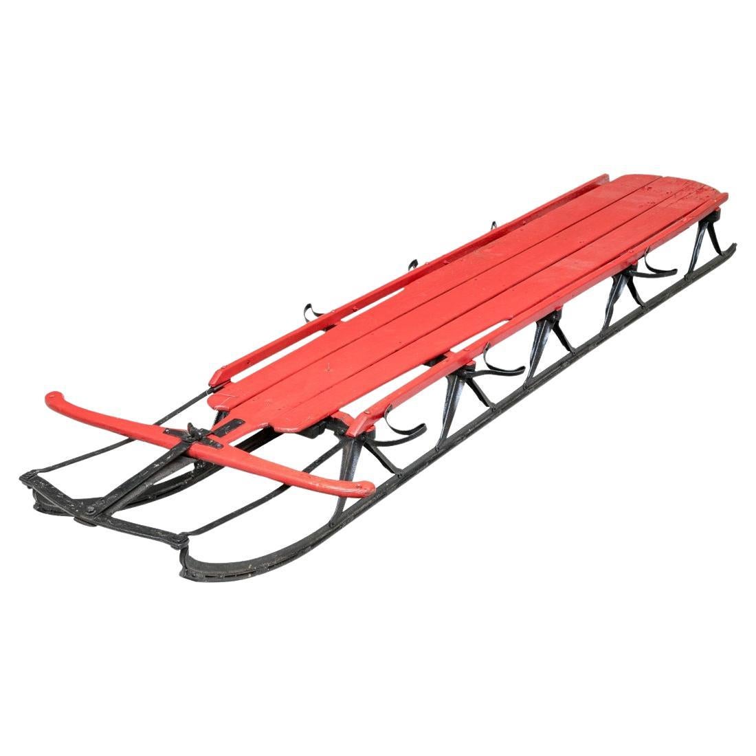 Vintage Red Paint Decorated Extra Long Sled Attributed To Flexible Flyer For Sale