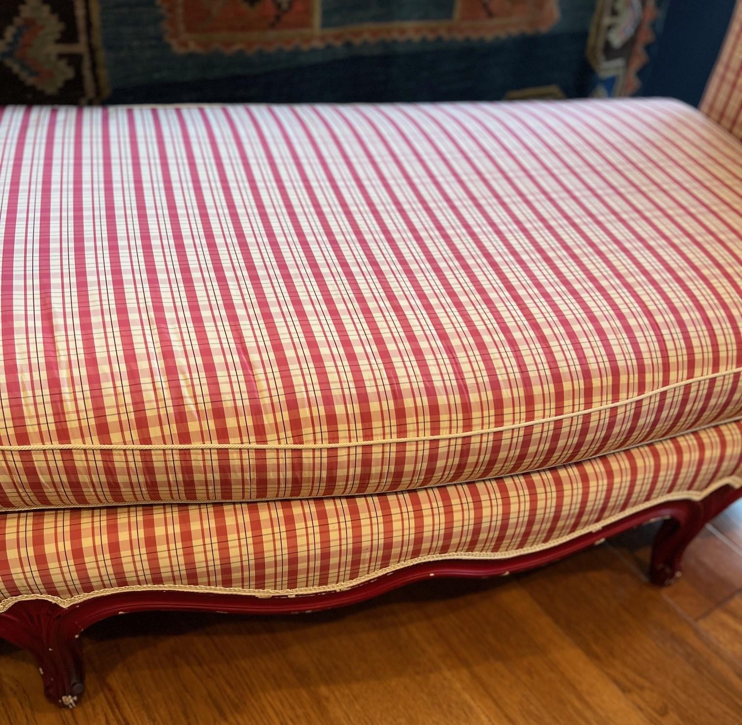 Hand-Painted Vintage Red Painted Louis XV Style Daybed, Silk Plaid Fabric with Cabriole Legs For Sale