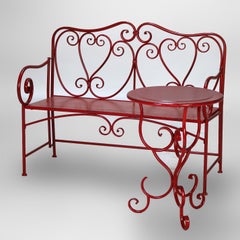 Vintage Red Painted Wrought Iron Garden Bench & Table Set C1950