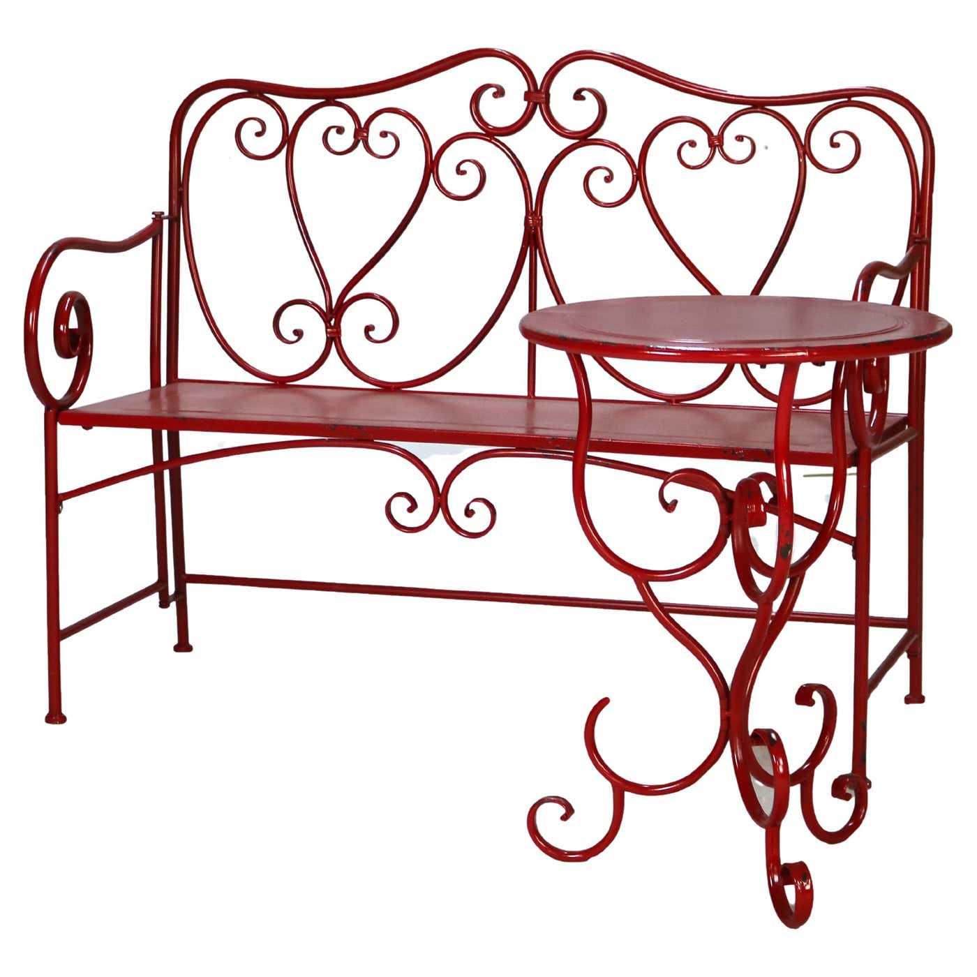 Vintage Red Painted Wrought Iron Garden Bench and Table Set C1950 For ...