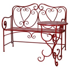 Vintage Red Painted Wrought Iron Garden Bench & Table Set C1950