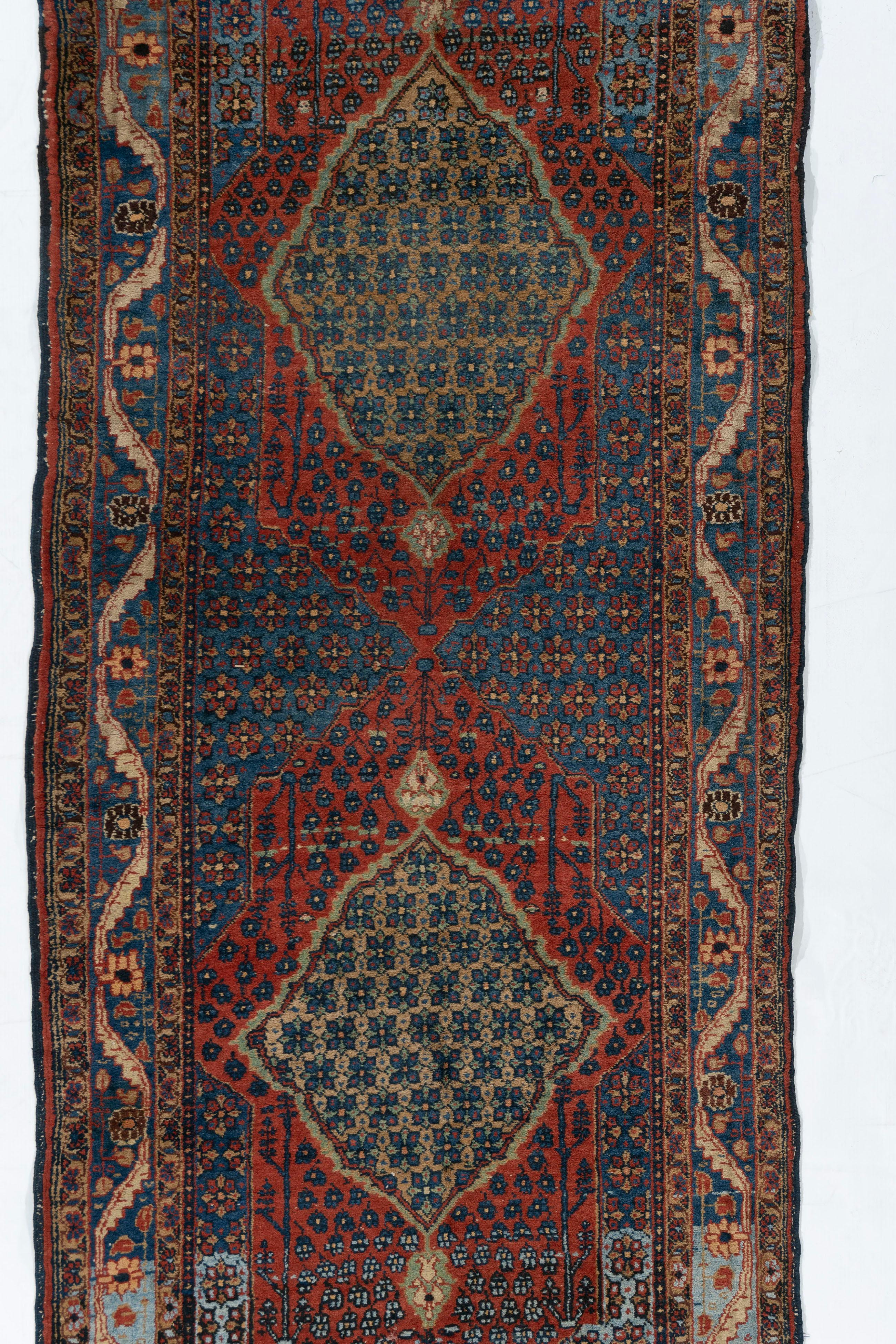 Persiano Vintage Red Persian Bidjar Runner Rug 3'3 x 13'6 in vendita
