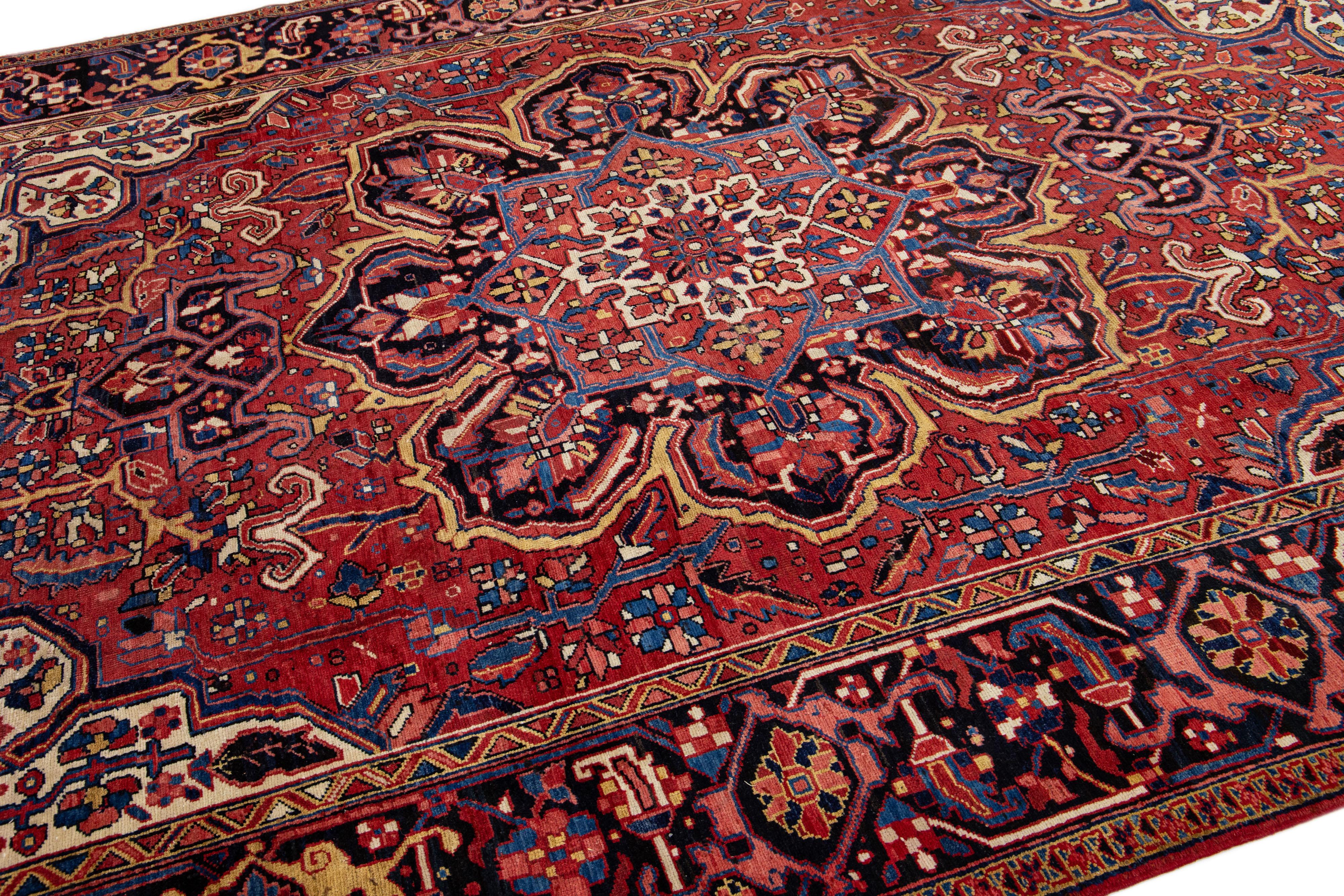 Heriz Serapi Vintage Red Persian Heriz Handmade Wool Rug with Medallion Motif For Sale