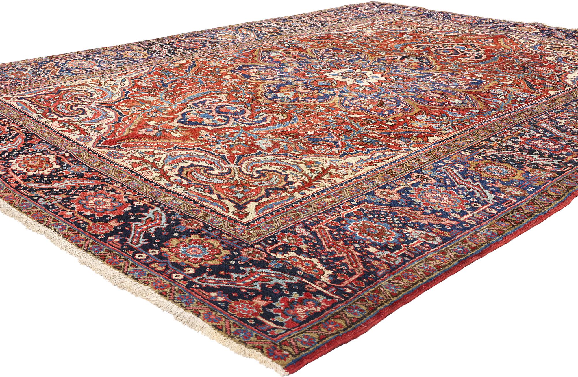 90002 Vintage Persian Heriz Rug, 08'03 x 10'08. Wir präsentieren einen handgeknüpften persischen Heriz-Teppich aus Wolle im Vintage-Stil, ein Meisterwerk, das traditionelle Handwerkskunst mit zeitlosem Design verbindet. Das Herzstück dieses