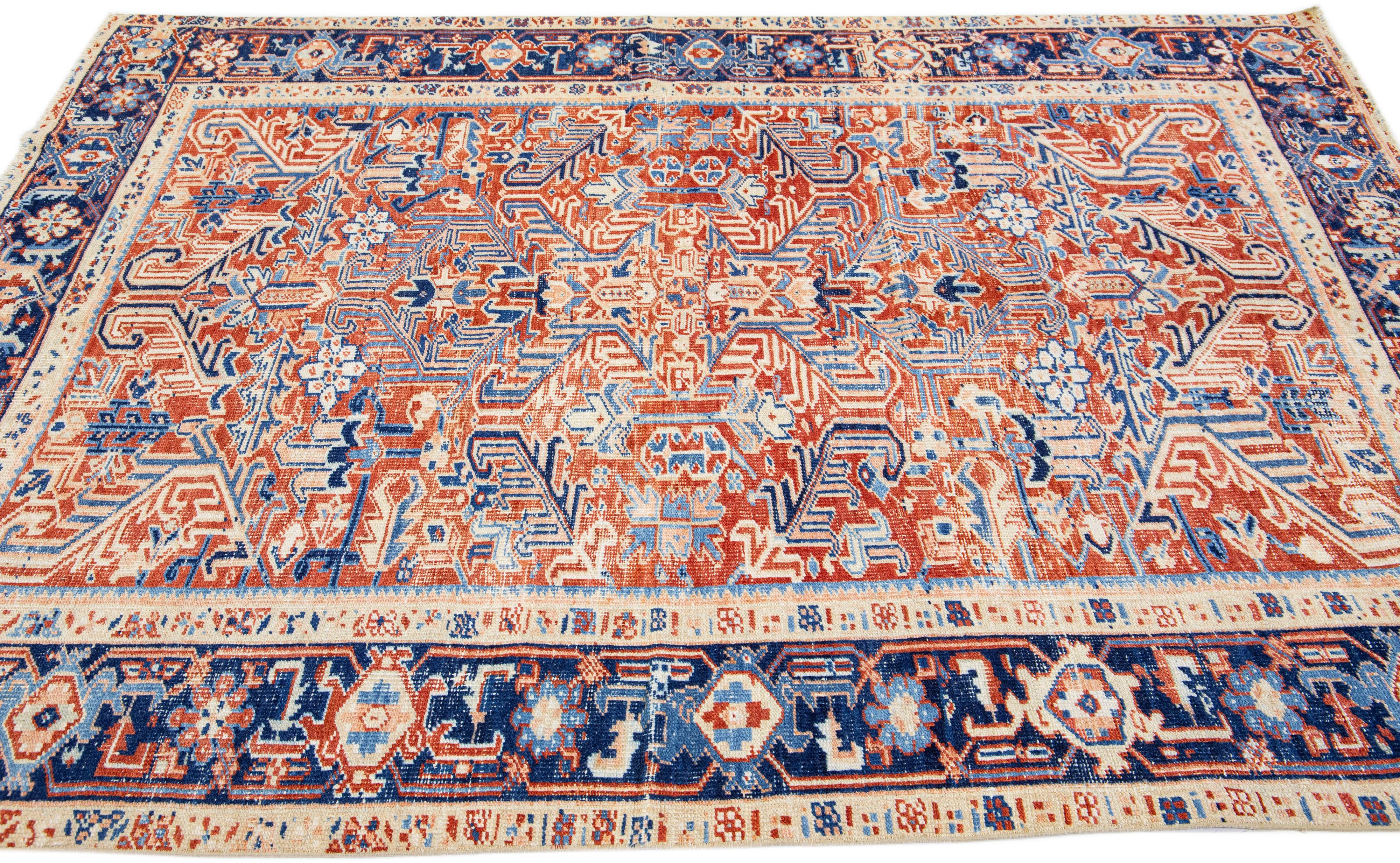 Hand-Knotted Vintage Red Persian Heriz Wool Rug with Allover Design For Sale