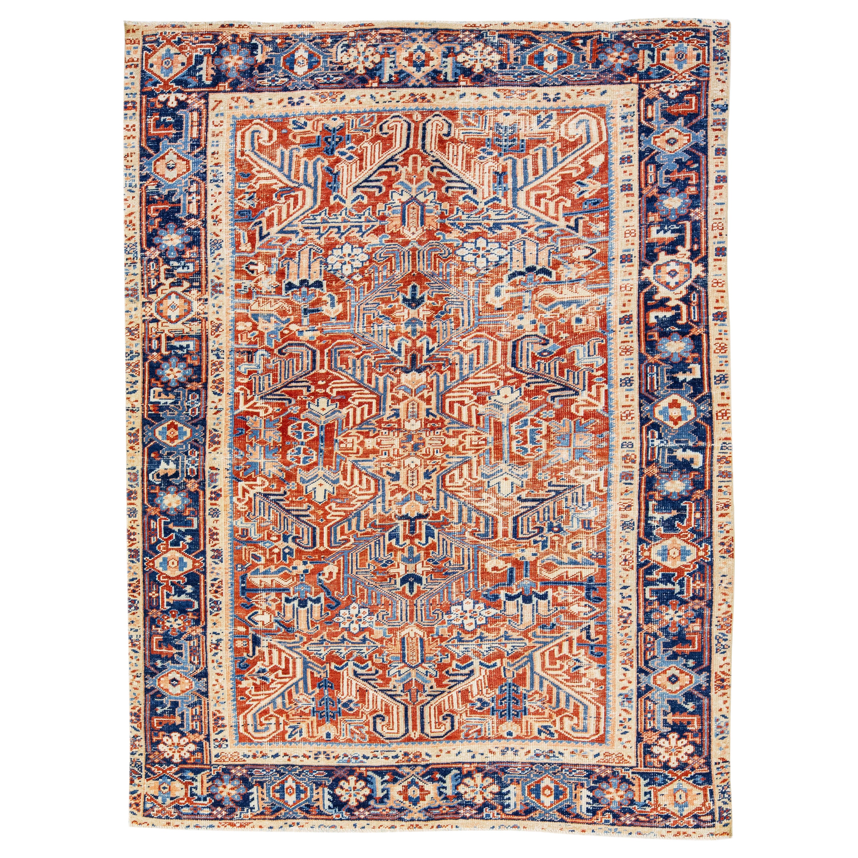 Roter persischer Heriz-Wollteppich im Vintage-Stil mit Allover-Design im Angebot