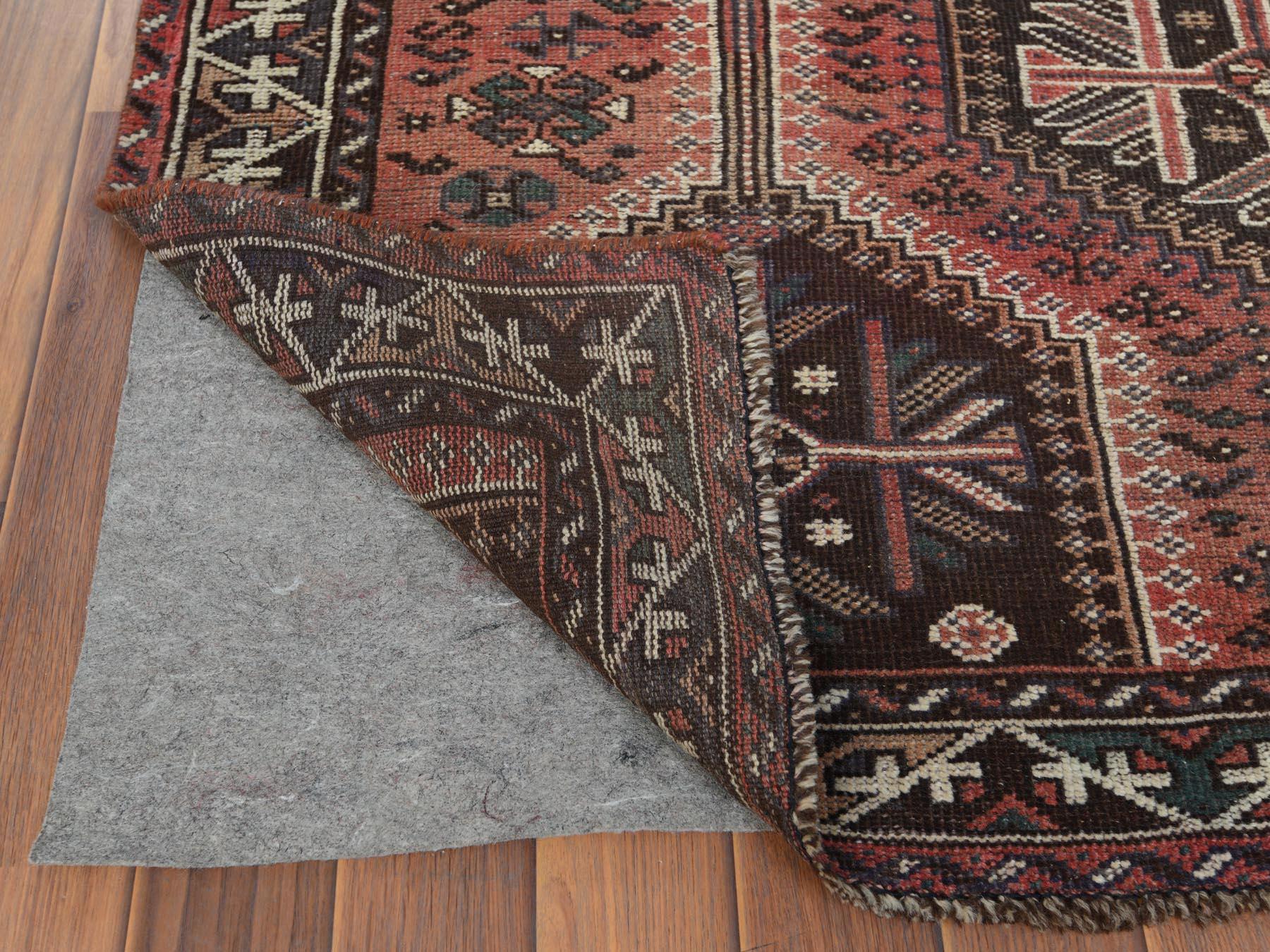 Medieval Vintage Red Persian Qashqai Cropped Thin Pile Hand Knotted Natural Wool Rug For Sale