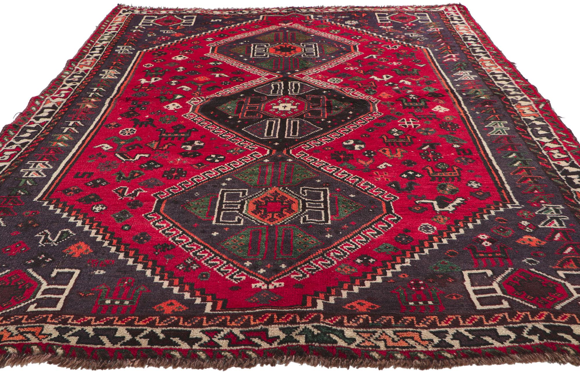 Hand-Knotted Vintage Red Persian Shiraz Tribal Rug For Sale