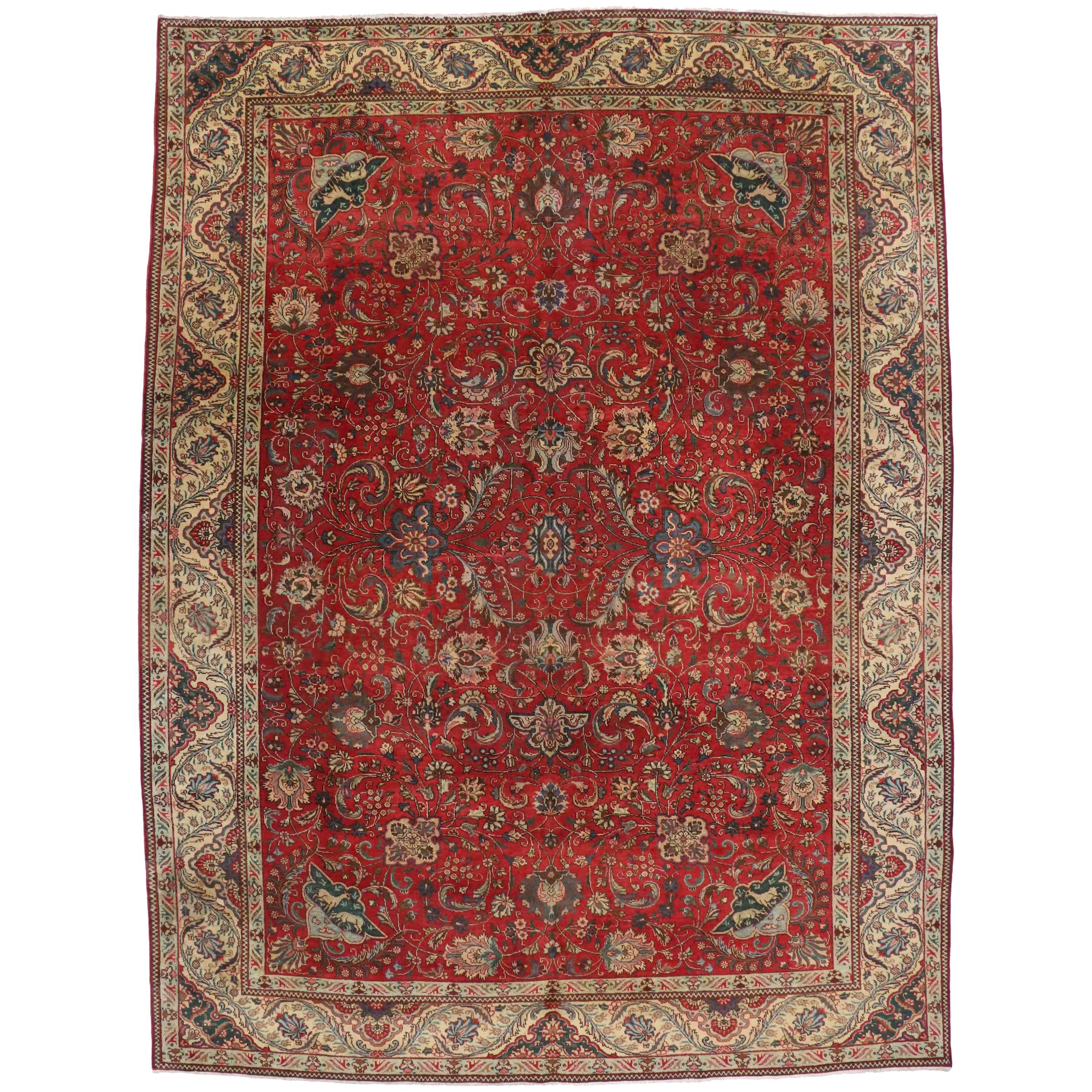 Roter persischer Täbris-Teppich im Vintage-Stil, 10'10 x 14'05 im Angebot