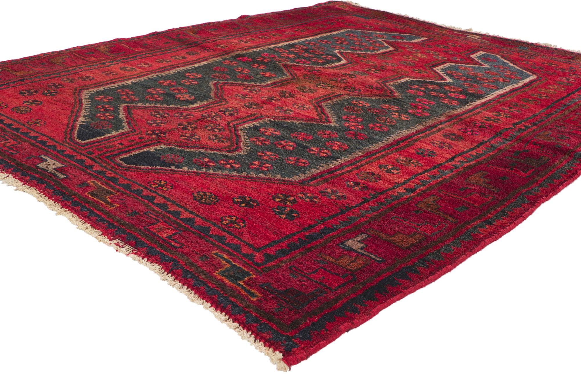 72109 Vintage Persian Hamadan Rug, 05'00 x 06'07. 
Emanating modern style with incredible detail and texture, this hand knotted wool vintage Persian Hamadan rug is a captivating vision of woven beauty. The tribal design and saturated color palette