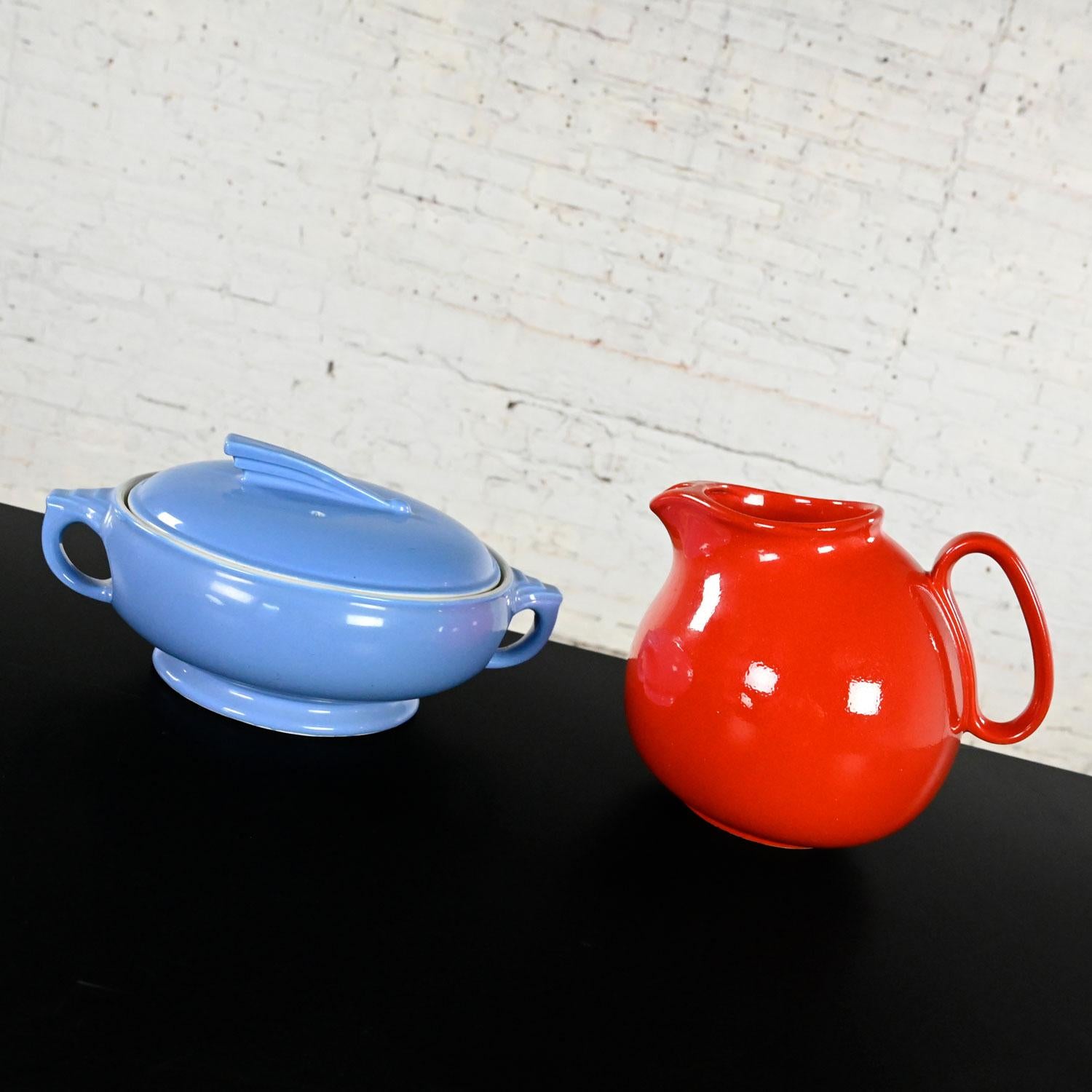 Vintage Red Pitcher by Waechtersbach Germany & Blue Hall Sundial Casserole Dish For Sale 5