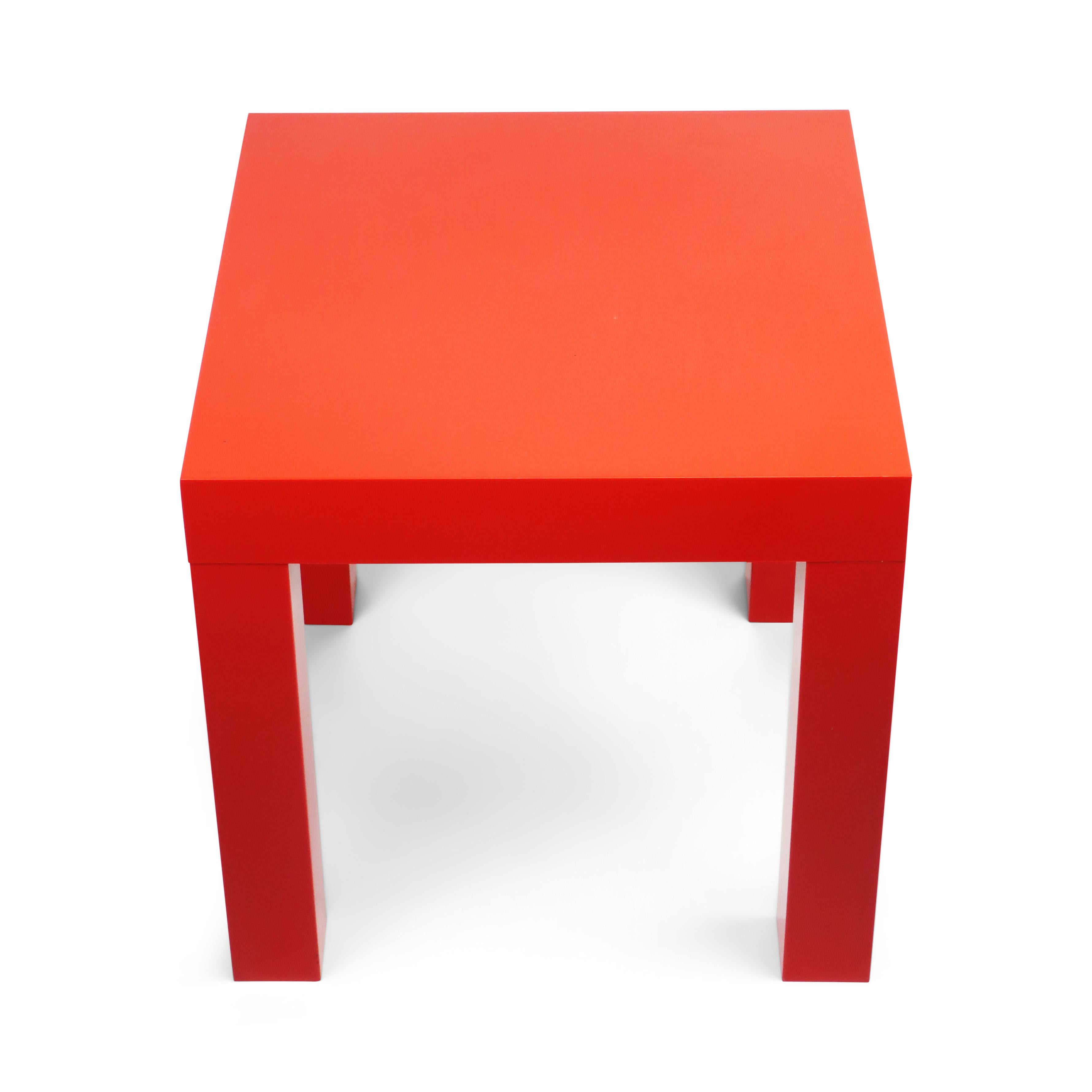 A great red plastic Parson table that’s perfect is so many ways: a perfect cube, a perfect side table for a living room or bedroom, a perfect addition to a child’s room, and a perfect Mid-Century Modern design.

In great vintage condition with