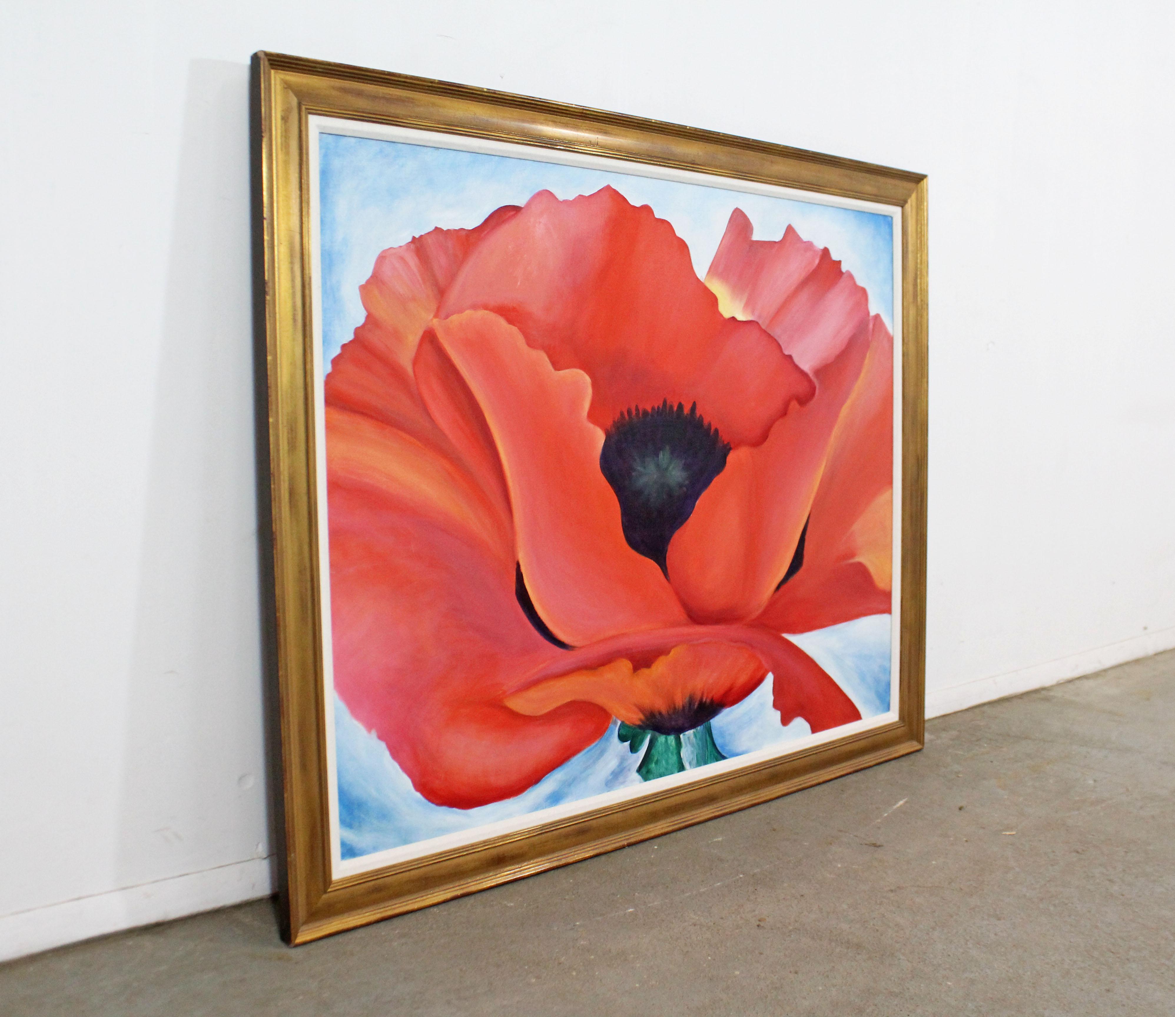 Offered is an original oil on canvas featuring a beautiful red poppy flower. We're unsure of the age, but guessing it was made in the last 30 years. Although it is unsigned by the artist, this piece will make a wonderful addition to any room! It is