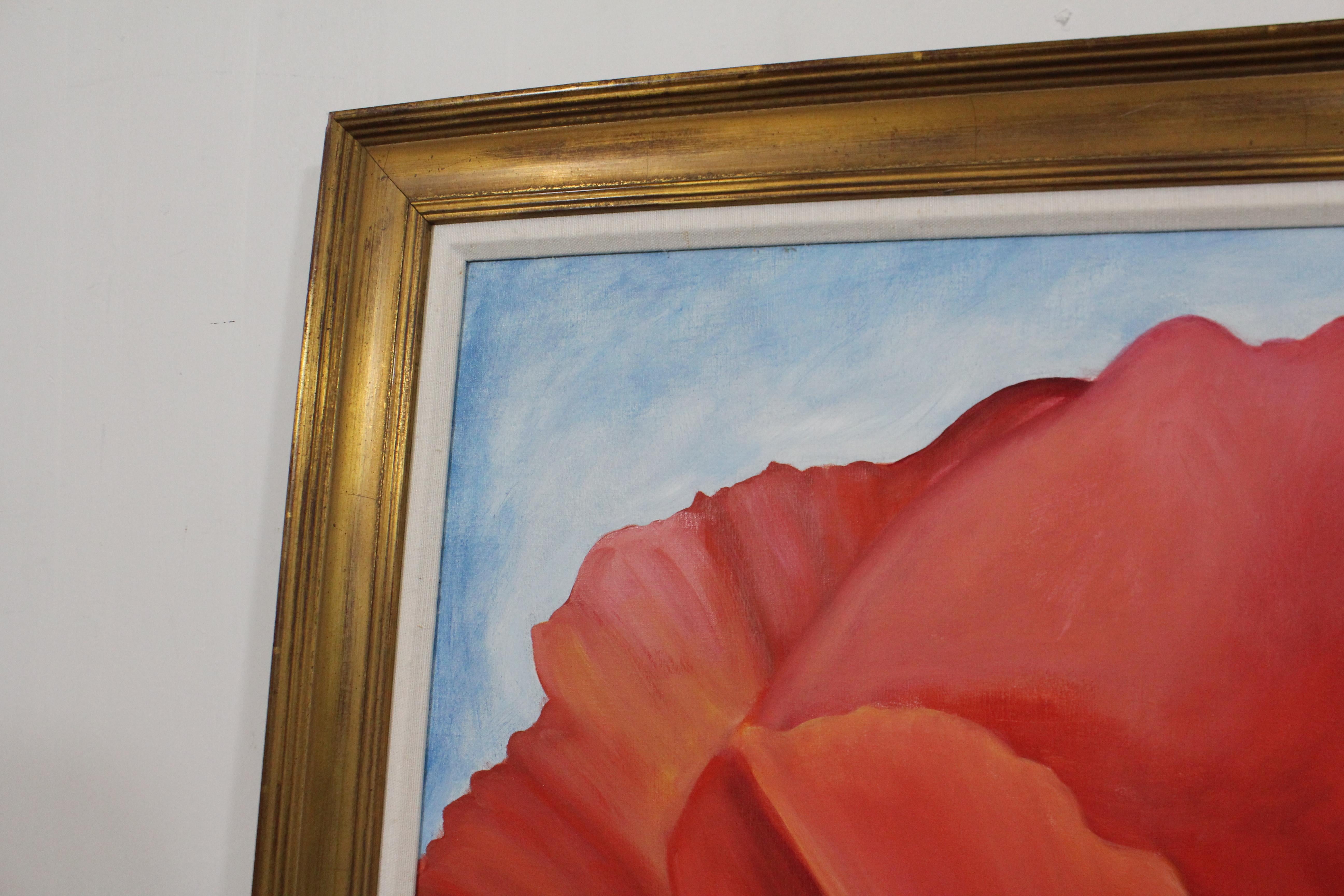 Vintage Red Poppy Framed Oil on Canvas Painting Unsigned In Good Condition For Sale In Wilmington, DE