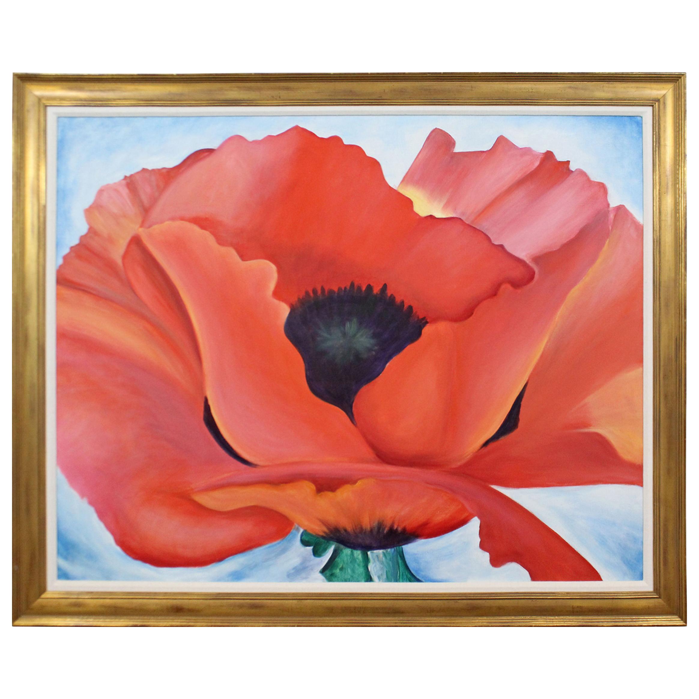 Vintage Red Poppy Framed Oil on Canvas Painting Unsigned For Sale