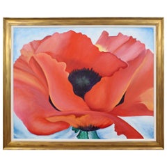 Vintage Red Poppy Framed Oil on Canvas Painting Unsigned