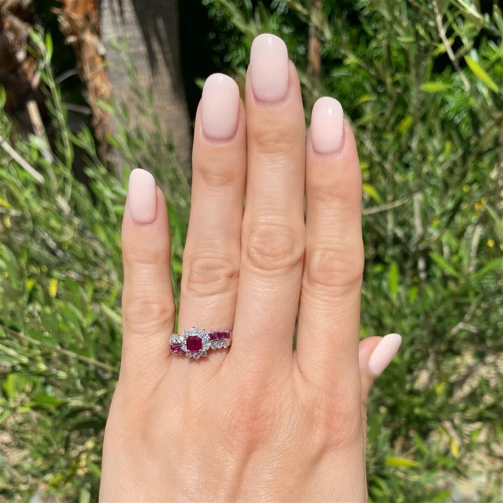Modernist Vintage Red Ruby and Diamond Platinum Cocktail Ring For Sale