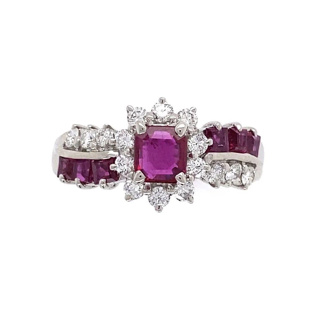 Mixed Cut Vintage Red Ruby and Diamond Platinum Cocktail Ring For Sale