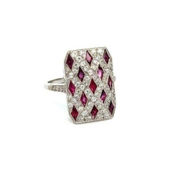 Vintage Red Ruby and Diamond Shield Design Platinum Cocktail Ring