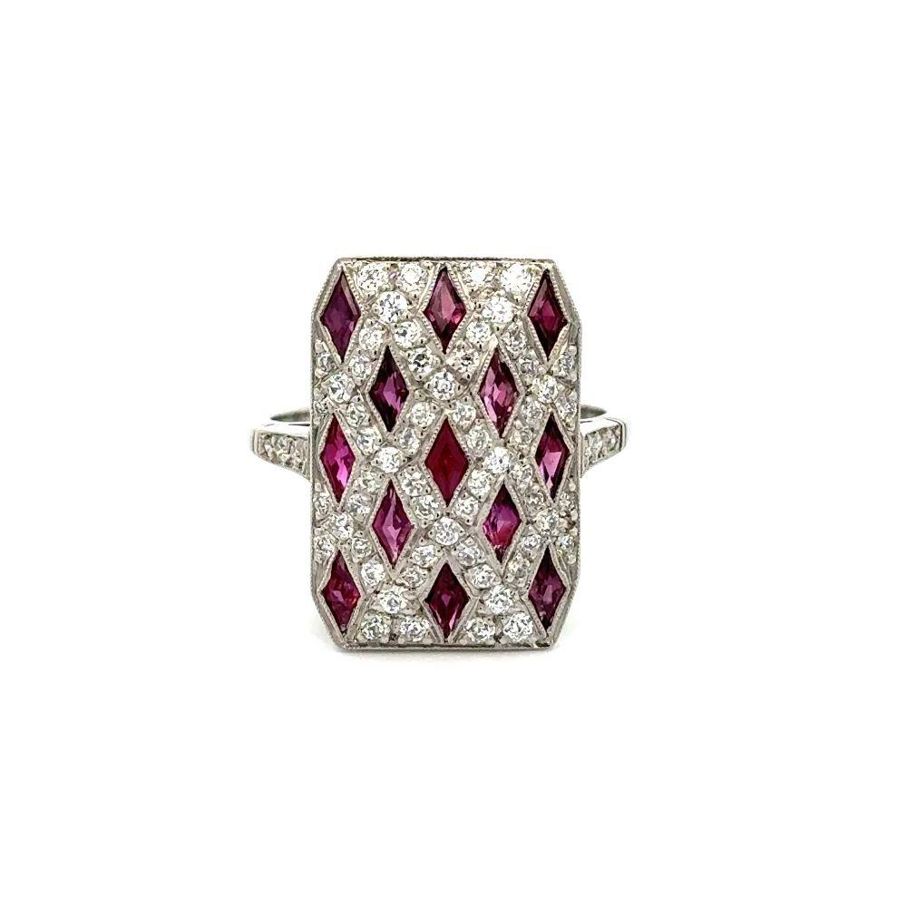 Mixed Cut Vintage Red Ruby and Diamond Shield Design Platinum Cocktail Ring For Sale