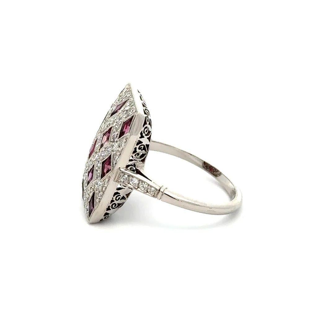 Women's Vintage Red Ruby and Diamond Shield Design Platinum Cocktail Ring For Sale
