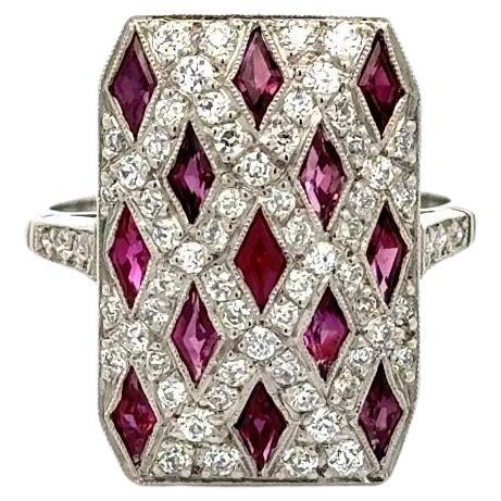 Vintage Red Ruby and Diamond Shield Design Platinum Cocktail Ring For Sale