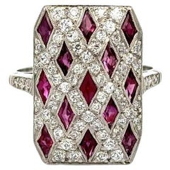 Vintage Red Ruby and Diamond Shield Design Platinum Cocktail Ring