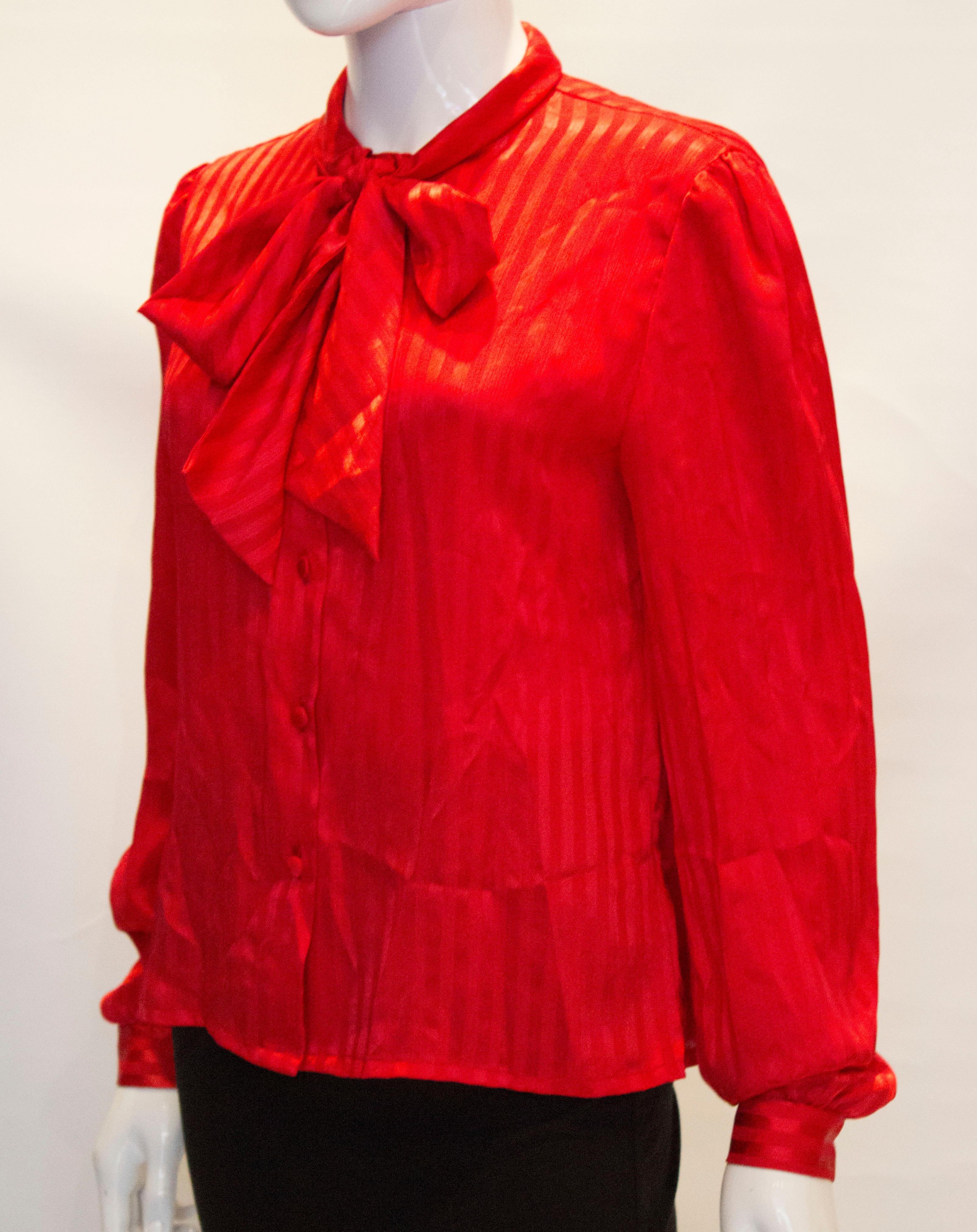 Vintage Red Self Stripe Pussy Bow Blouse by Mr Pearcy