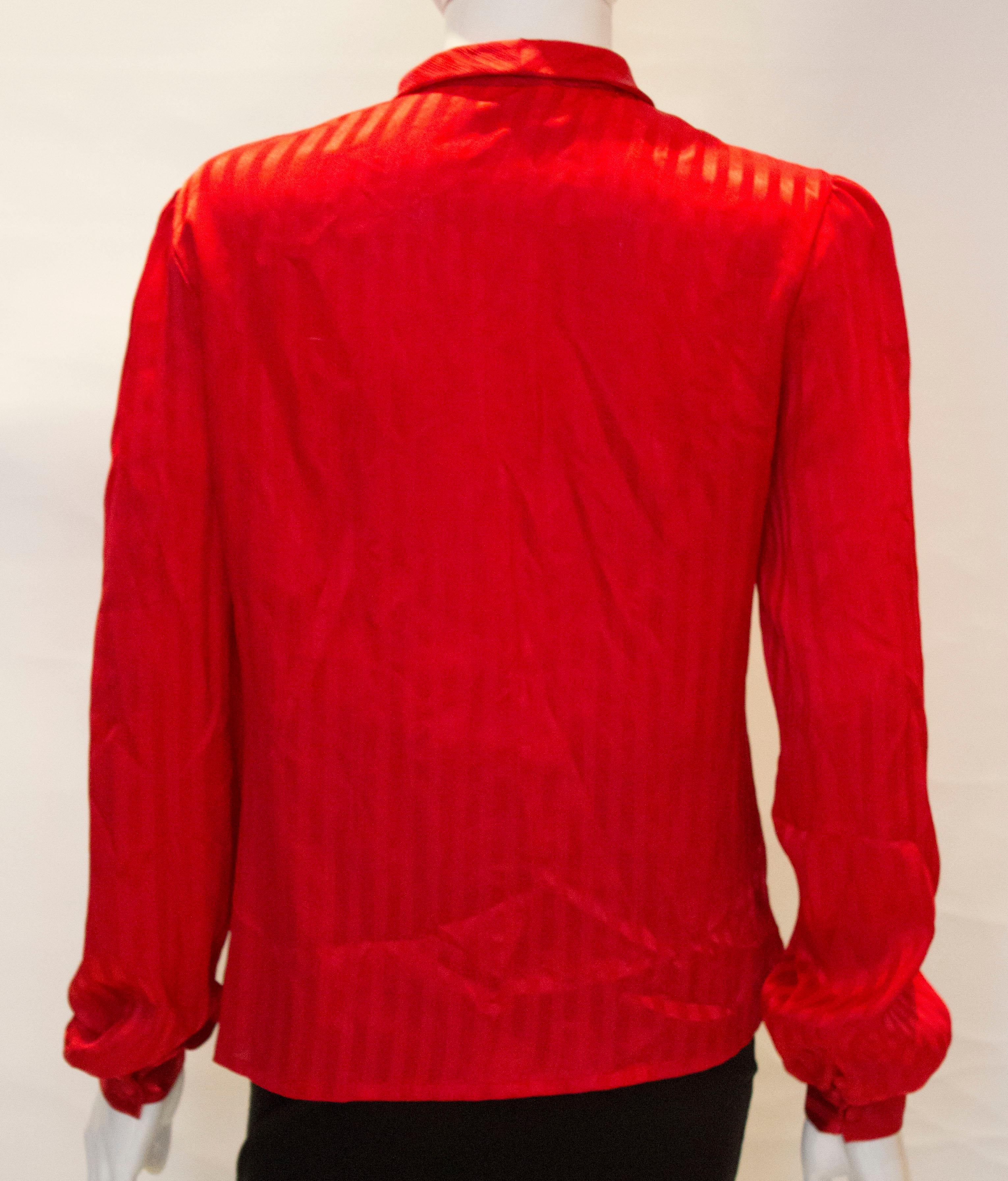 Vintage Red Self Stripe Pussy Bow Blouse by  Mr Pearcy For Sale 1