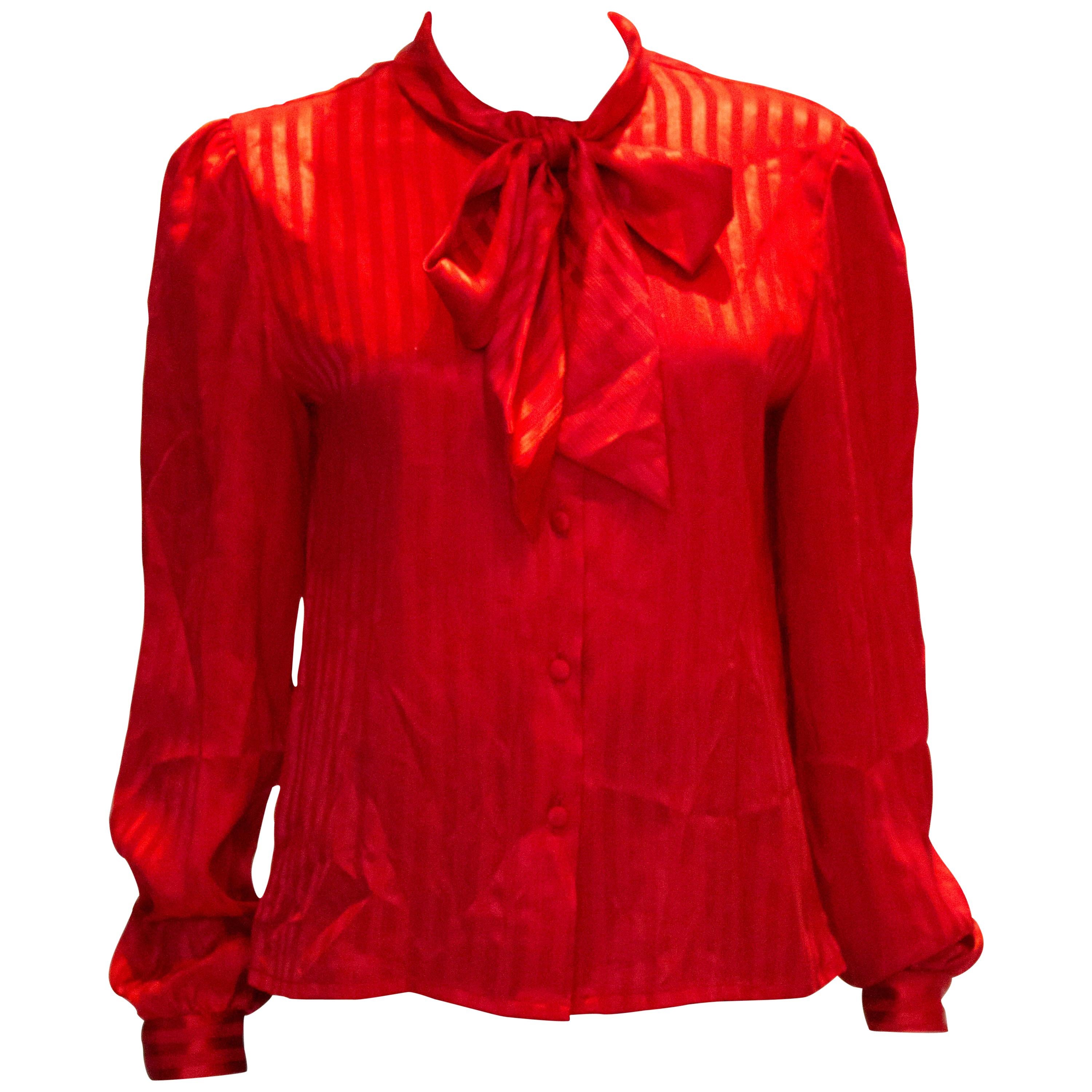 Vintage Red Self Stripe Pussy Bow Blouse by Mr Pearcy