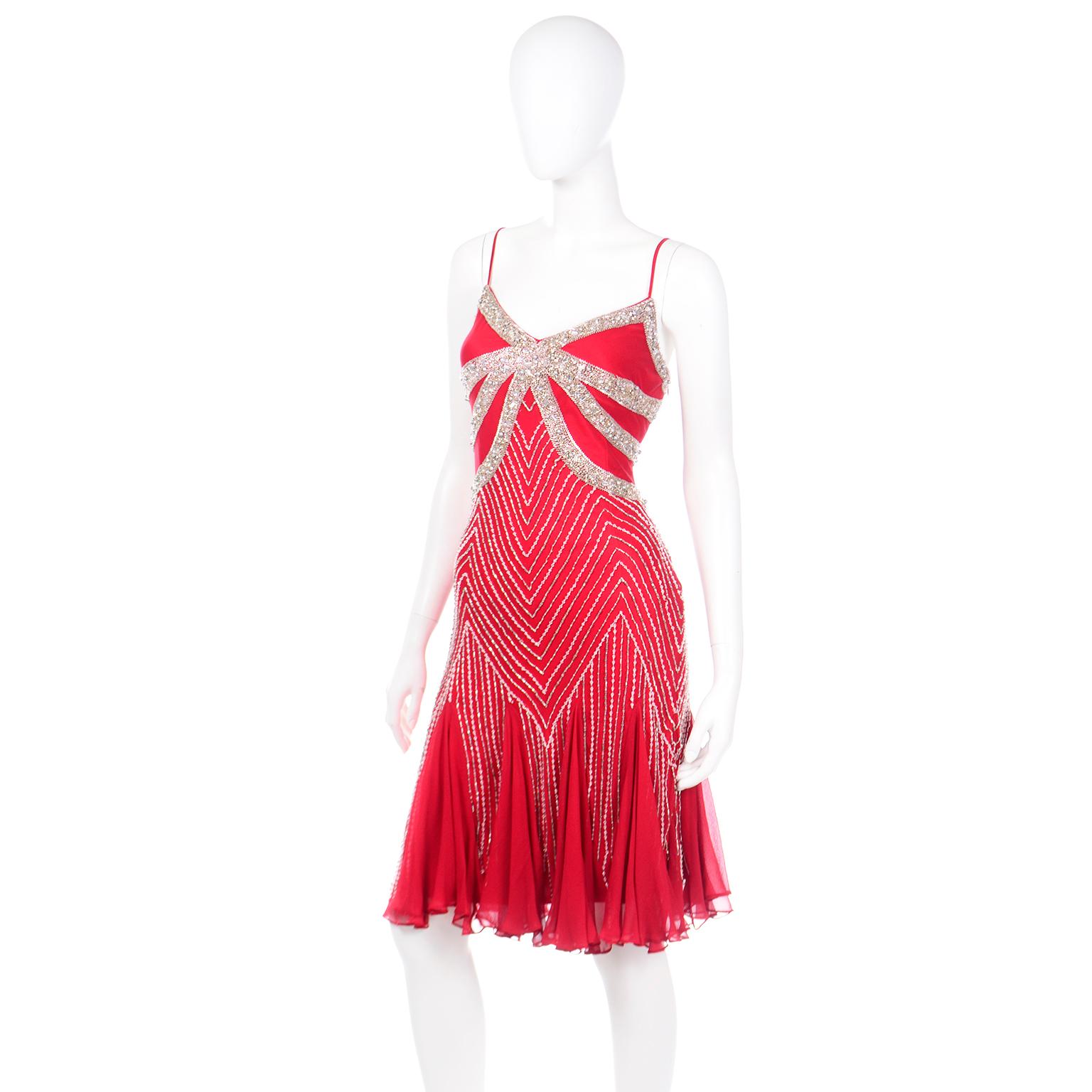 Vintage Red Silk Beaded 1990s Evening Dress w Rhinestones & Pearls In Good Condition For Sale In Portland, OR