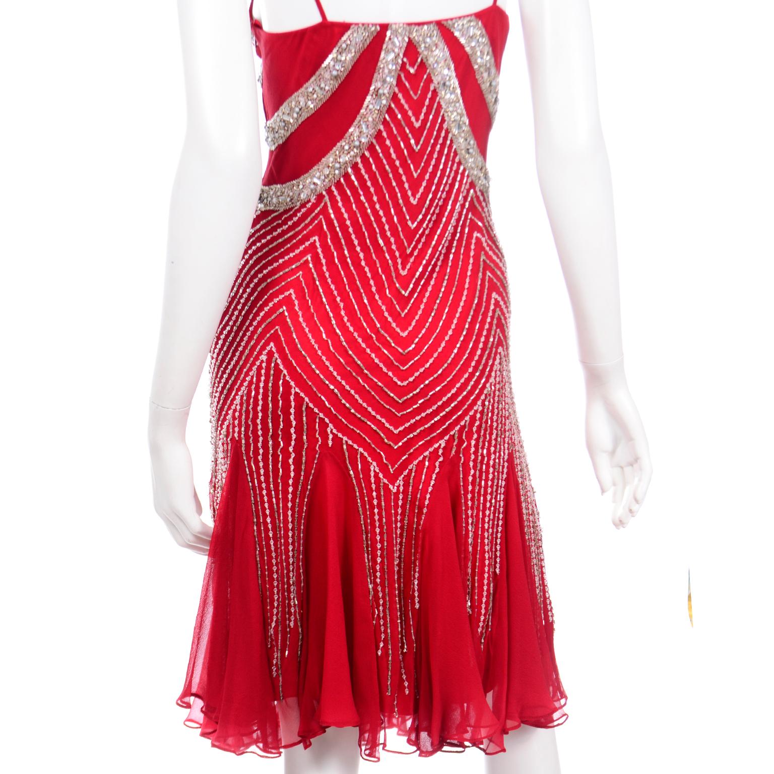 Vintage Red Silk Beaded 1990s Evening Dress w Rhinestones & Pearls For Sale 4