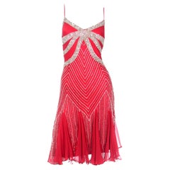 Vintage Red Silk Beaded 1990s Evening Dress w Rhinestones & Pearls