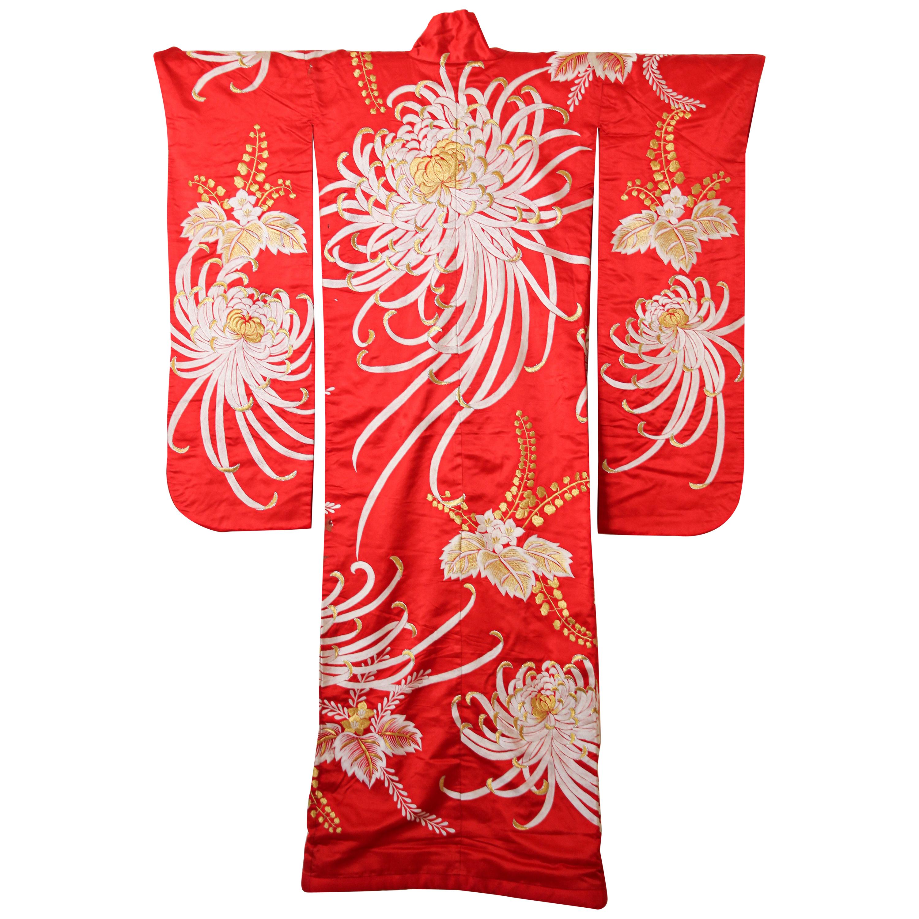 Vintage Kimono Red Silk Brocade Japanese Ceremonial Wedding Dress