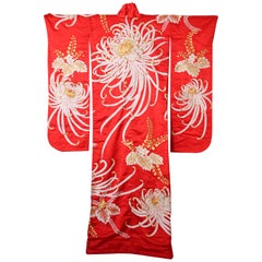 Robe de mariée de cérémonie japonaise vintage en brocart de soie rouge kimono