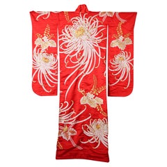 Vintage Red Kimono Silk Brocade Japanese Ceremonial Gown