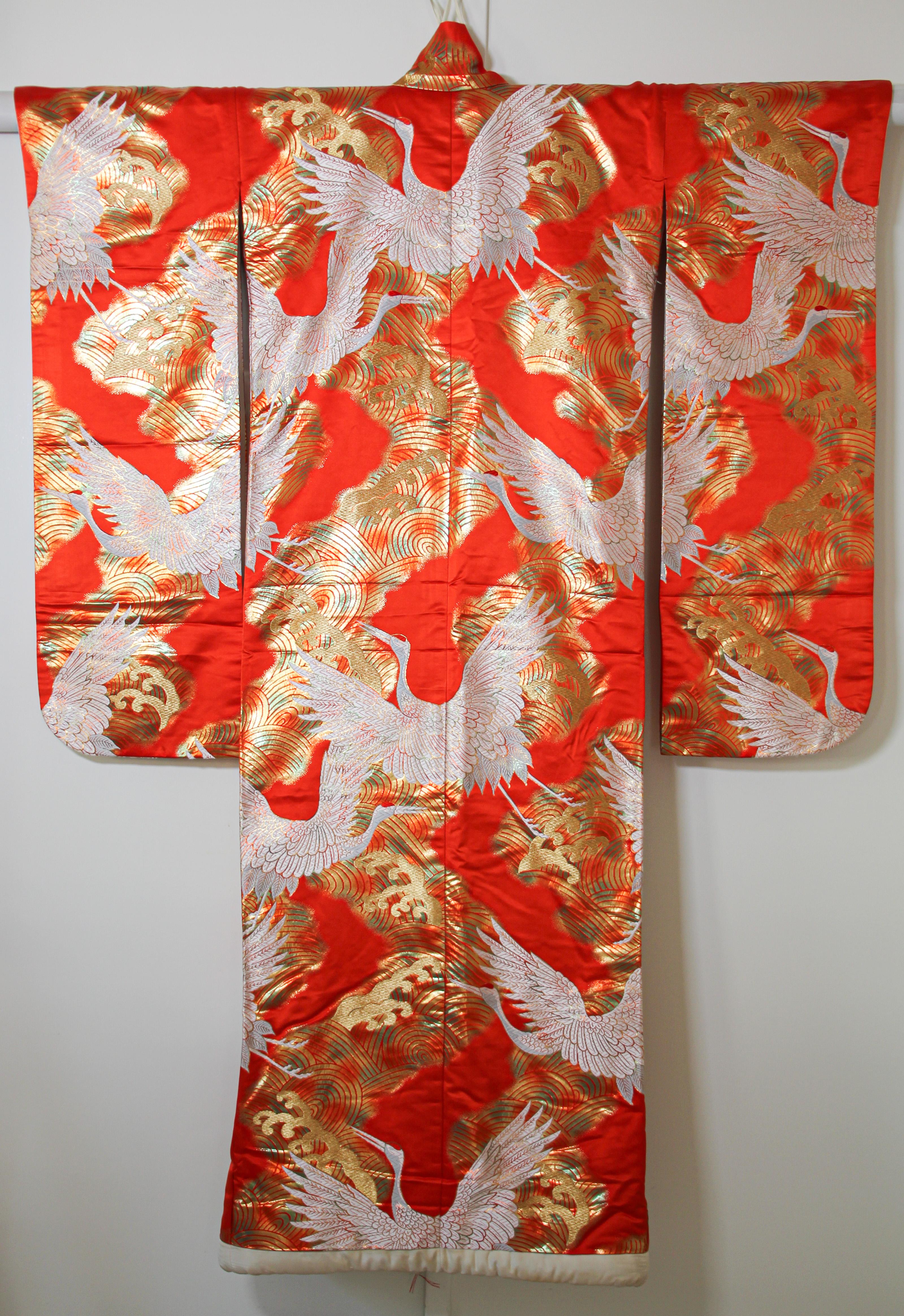 Japonisme Vintage Red Silk Brocade Japanese Ceremonial Wedding Kimono