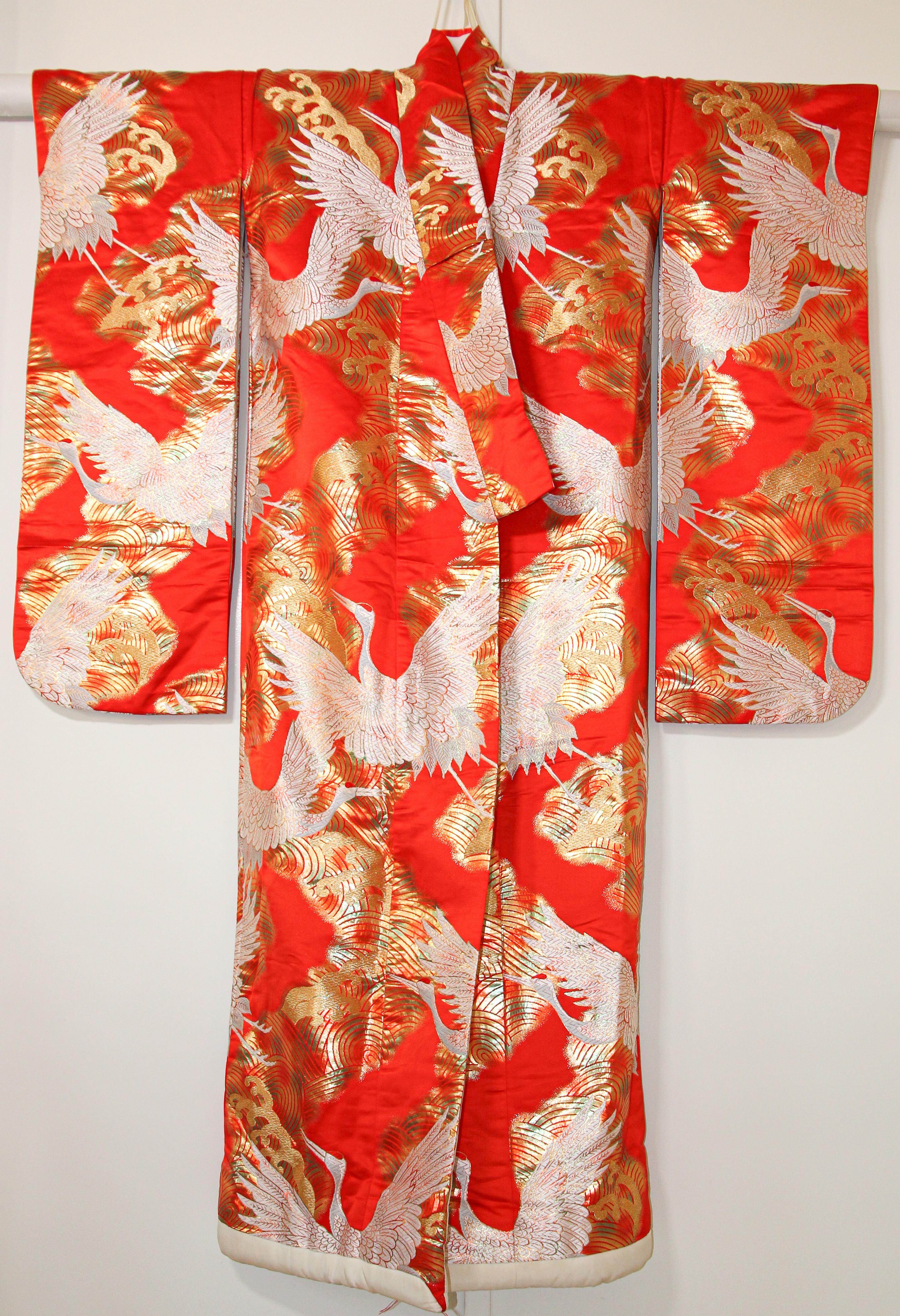 Hand-Crafted Vintage Red Silk Brocade Japanese Ceremonial Wedding Kimono