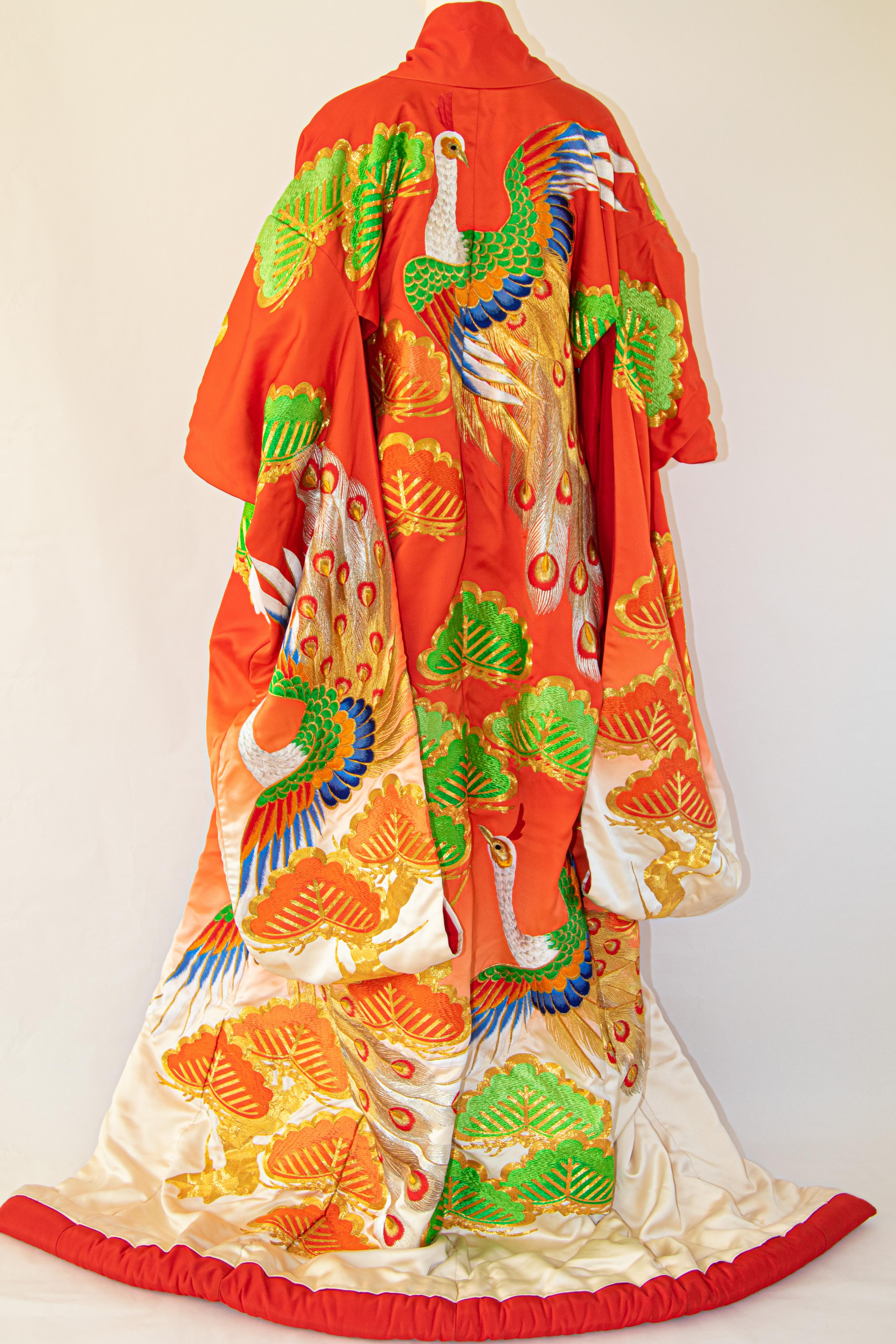 Vintage Japanese Kimono Wedding Red Peacock Silk Brocade Dress 1