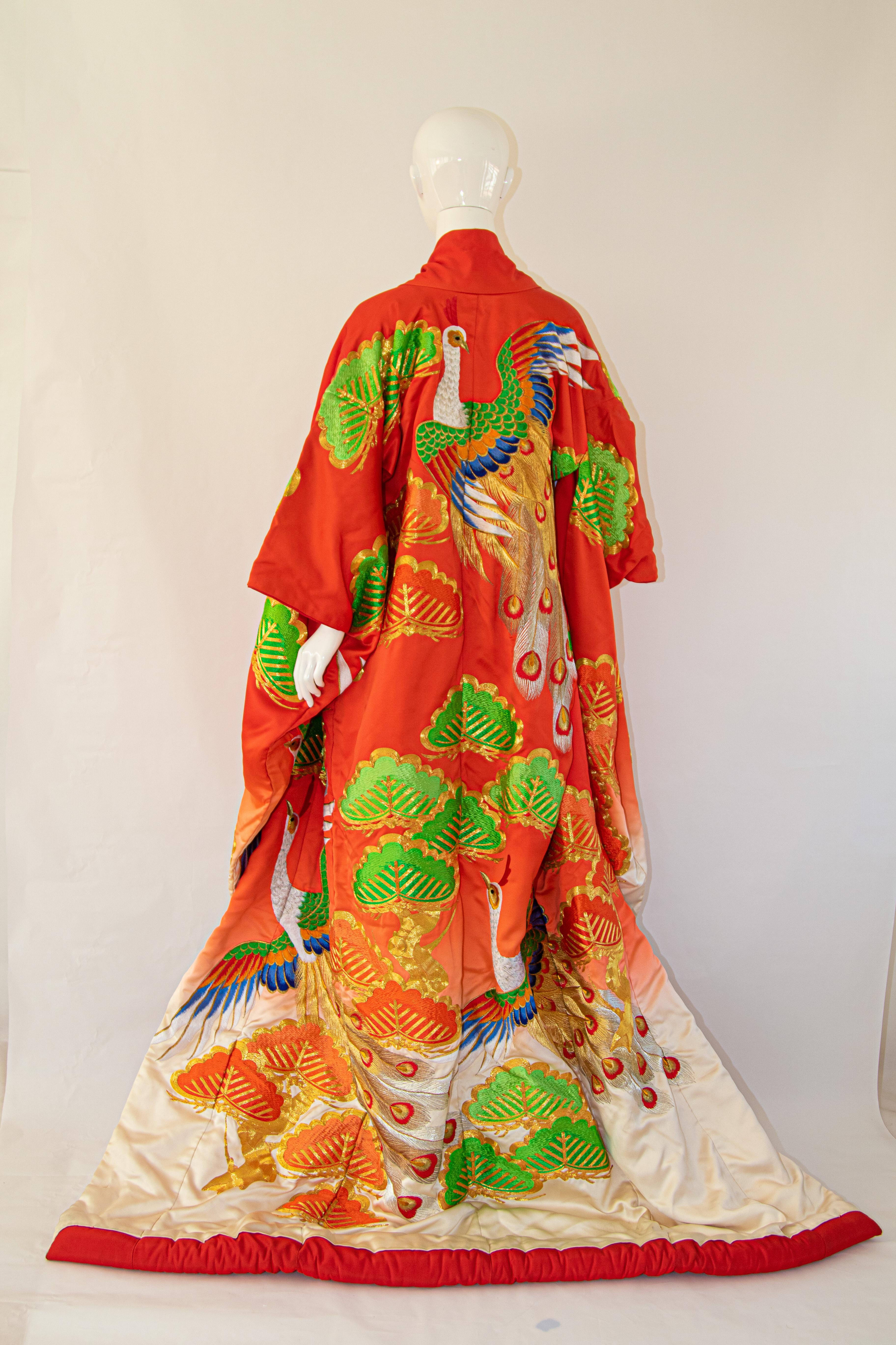 Women's Vintage Japanese Kimono Wedding Red Peacock Silk Brocade Dress