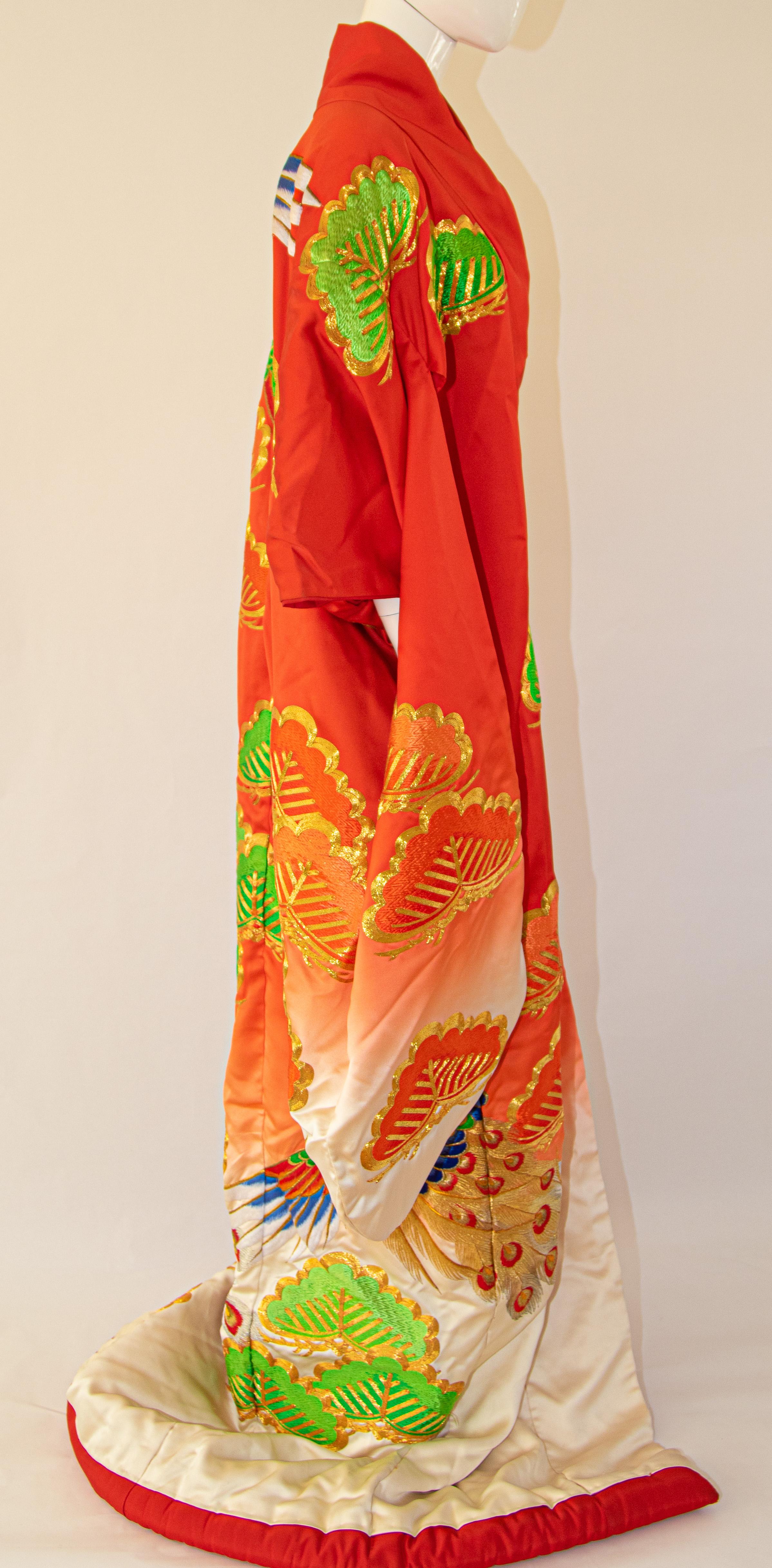 Orange Vintage Japanese Kimono Wedding Red Peacock Silk Brocade Dress