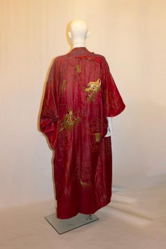 Vintage Red Silk Kimono with Gold Dragon Embroidery